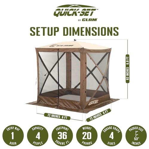 CLAM Quick-Set Pop Up Screen Tent, Traveler, 6 x 6 ft, Instant Setup Brown Portable Outdoor Shelter, Compact Bug-Free Canopy Tent for Camping, Fishing, Backyard - Brown - color: Brown/Tan Roof/Black Mesh - w/ Wind Panel Flaps
