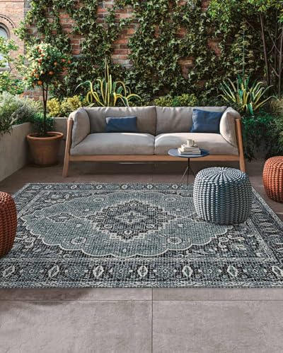 Outdoor Rug 5x8ft, Boho Traditional Flower Indoor Area Rug for Patio Backyard Deck Large Floor Mat, Retro Tribal Ethnic Abstract Style Non-Slip Outside Carpet Balcony Porch Camping Rugs Picnic Mat - color: Cadetblue, size: 5' x 8' (Rectangular)