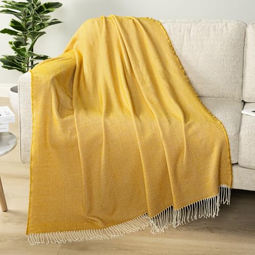 PAVILIA Yellow Herringbone Throw for Couch, Decorative Outdoor Accent Blanket, Faux Cashmere, Lightweight, 50x60 - color: Herringbone - Yellow, size: 50 X 60 Inches - Throw