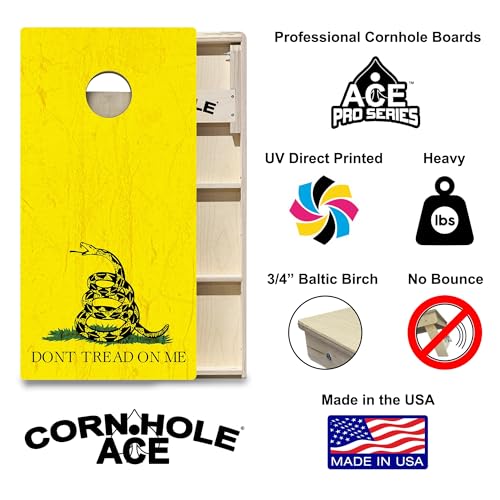CornholeAce ACE PRO American Flag Cornhole Board Set - No Bounce! Triple Wide Legs, 3/4" Baltic Birch Plywood, Handles, Regulation Size (4x2ft), Tournament Style, Made in USA - color: DTOM