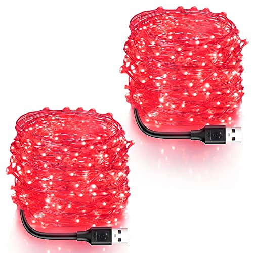 Blingstar USB Powered Fairy Lights, 2 Pack 33Ft 100 LED, Flexible Silver Wire, Mini String Lights for Halloween/Christmas Tree/Party/Stage/Holiday Indoor Decoration, Red - color: Red