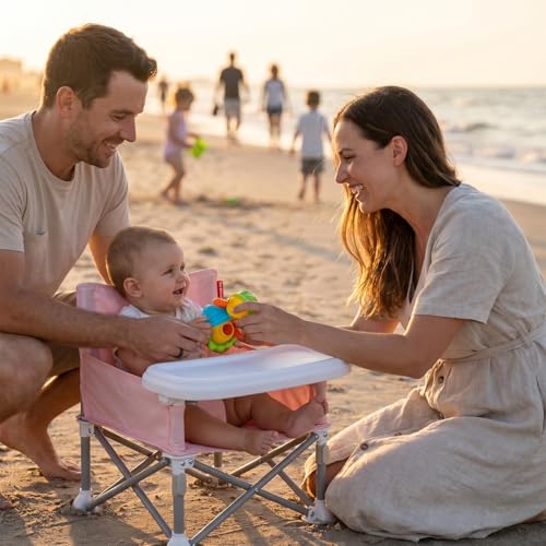 Tiny Marvels Portable Booster Seat, Foldable Baby High Chair with Removable Tray, Safety Harness & Carry Bag – for Toddlers Ages 6M-3Y, Ideal for Dining, Travel, Camping & Family Time - color: Pink