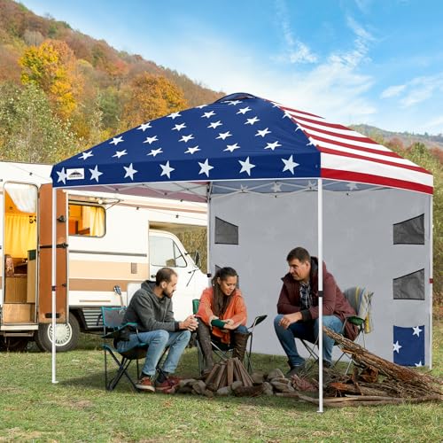 EAGLE PEAK Commercial Canopy 10x10 with Sidewall Storage, Easy OnePerson Setup Pop Up Canopy Tent with Roller Bag, Stakes, Ropes, and Weight Bags, American Flag - color: American Flag