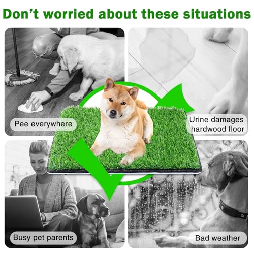 Dog Grass Mat with Pee Pad 32×23", Medium Dog Litter Box Indoor Artificial Turf Grass Porch Waterproof Patio Potty Tray for Doggie Reusable Washable Pads and Lawn for Puppy Training PCS