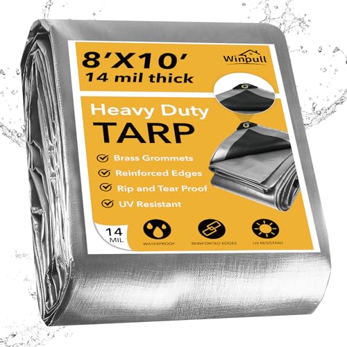 Winpull Tarp 8x10 Feet 14 Mil Heavy Duty Waterproof Tarp, Large Multipurpose Cover with Brass Grommets and Reinforced Edges, UV Resistant Thick Poly Tarps for Outdoor Camping Tent Pool Car - color: Silver/Black-14mil, size: 8' x 10'