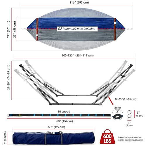 Tranquillo Combo x2 Hammocks with Stand for Outside & Tree Straps, Heavy Duty Hammock with Stand 600lbs for Indoor Outdoor Patio Backyard, x2 Hammocks for 2 Person, Portable Carrying Bags, Aegean - color: Combo - Aegean
