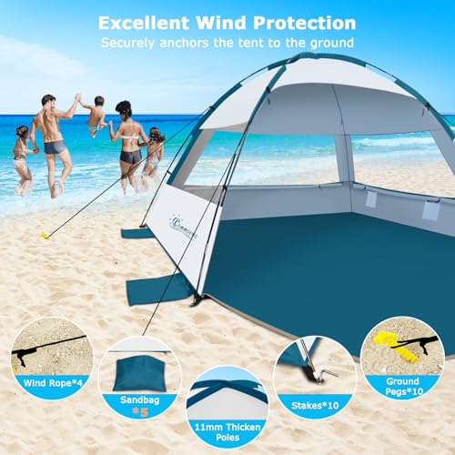COMMOUDS Beach Tent Sun Shade for 3/4/6/8 Person, UPF 50+ Beach Sun Shelter Canopy Tent, Lightweight, Easy Set Up and Carry - color: Silver, size: 8 Person