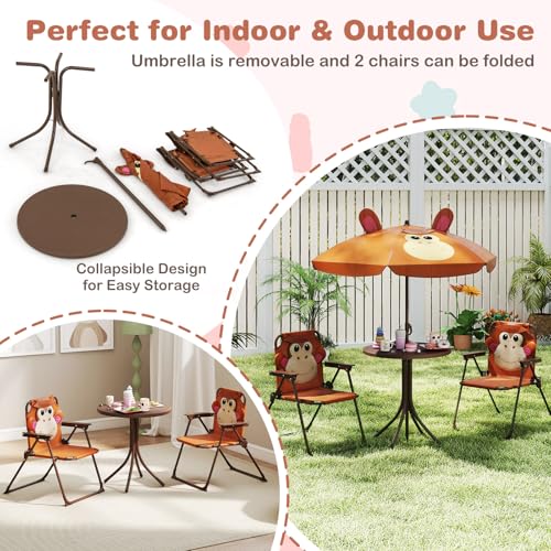 Costzon Kids Picnic Table, Kids Outdoor Table with 2 Folding Chairs, Height Adjustable Umbrella, Portable Children Outdoor Furniture for Patio, Garden, Backyard (Brown) - color: Brown Monkey