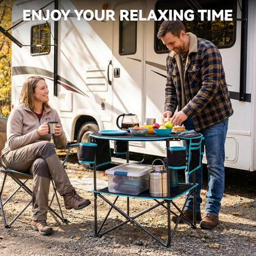 FUNDANGO All in One Tailgate Table, Portable Beach Table with Cup Holders, Camping Table Foldable with Side Pockets Carry Bag for Camp Outdoor Sand Beach Picnic Fishing Tailgating Essentials