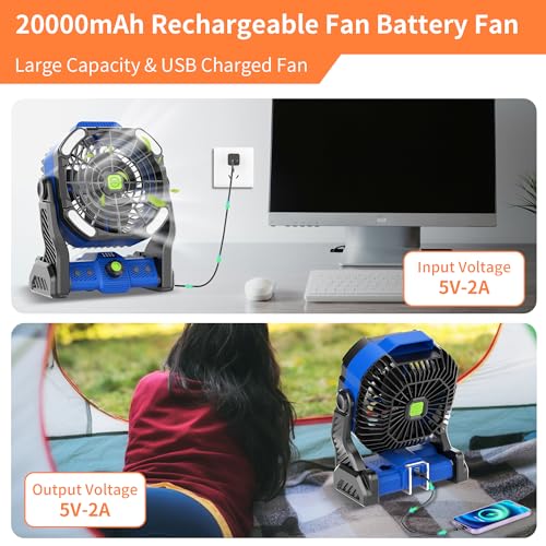 20000mAh Battery Powered Fan Rechargeable,Portable Fan for Travel Camping Fan with LED Lantern,270°Rotation Battery Operated Fan,USB Personal Fans Camping Essentials Battery Fan Cordless Fan X26 Blue - color: X26 Blue
