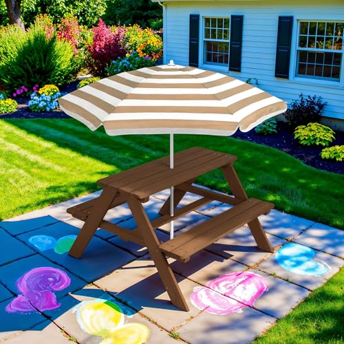 Best Choice Products Wooden Kids Picnic Table with Umbrella, Outdoor Activity Table Set with Built-in Benches, 220 lb Capacity per Bench - Walnut/Beige - color: Walnut/Beige
