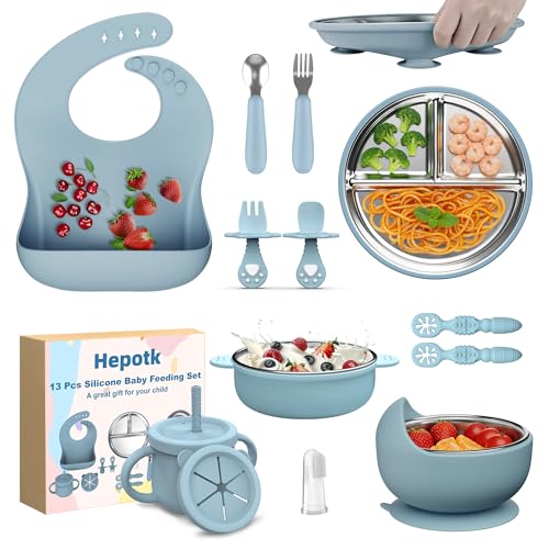 13 Pack Silicone Baby Feeding Set, BPA-Free Stainless Steel Toddler Feeding Supplies, Include Suction Plates, Baby Bowls, Silicone Fork & Spoon, and More, First Stage Baby Dish Set - 6+ Months - color: Blue