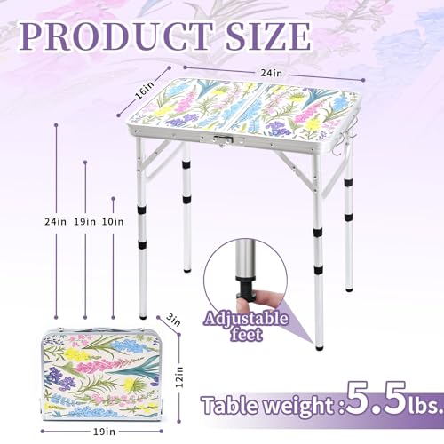 Yriuat Folding Camping Table 2ft Portable Pinic Table Adjustable Height Small Card Table Aluminum Foldable Lightweight with Carry Handle for Outdoor Indoor Hiking Camp BBQ Beach (Blooming Floral) - color: Blooming Floral, size: 24"l X 16"w X 24"h