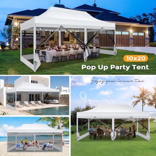 COBIZI 10x20 Heavy Duty Pop Up Canopy Tent with 6 Sidewalls, Easy Set Up Outdoor Waterproof Screen Commercial Party Tent with Mosquito Netting for Parties Backyard Patio, Roller Bag, White - color: White, size: 10x20FT