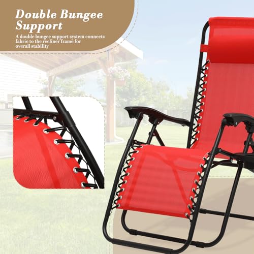 Athena Collection Zero Gravity Outdoor Lounge Chair Set of 2 with Side Table, 25" Width Pool Lounge Lawn Chairs Reclining with Cup Holder, Outdoor Chaise for Beach Patio Backyard Outside, Red - color: Red, style: 25" Width