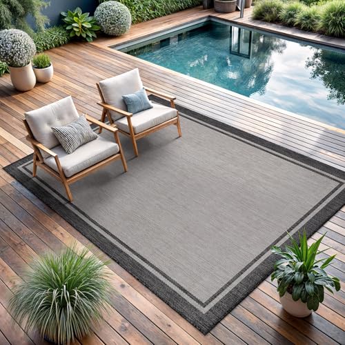 CAMILSON Indoor Outdoor Rug, 10x14 Bordered Gray Modern Area Rugs for Large Indoor and Outdoor Patios, Kitchen and Hallway Mats, Washable Porch Deck Outside Carpet (Bordered Grey, 10 x 14) - color: Bordered Grey, size: 10' x 14' (Rectangular)