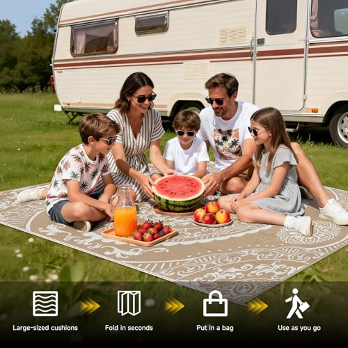 Pauwer Waterproof Outdoor Rug 5x8, Reversible Plastic Straw Patio Camping Rug, Indoor Outdoor RV Mat Carpet for Deck, Camper, Porch, Balcony, Backyard, Picnic, Paisley Brown - color: Paisley Brown, size: 5' x 8' (Rectangular)