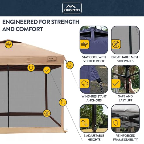 KAMPKEEPER 10x10 Pop-Up Canopy Tent, Waterproof Portable Shade with Screen Walls, Adjustable Instant Outdoor Shelter for Camping, Backyard, and Events, Khaki - color: Khaki