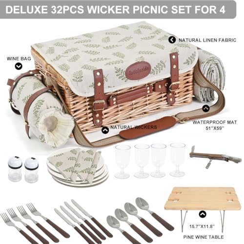 Multifunctional Wicker Picnic Basket Set for 4 with Blanket and Picnic Table, Insulated Picnic Set with Full Tablewares for Camping Outdoor Couples,Leaf - color: Leaf With Blanket &Table for 4