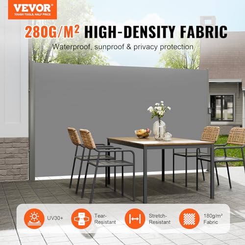 VEVOR Retractable Side Awning, UV 50 71''x118'' Full Aluminum Rust-Proof Outdoor Privacy Screen, 280 g Thicken Folding Room Divider Fence & Wind Screen for Backyard, Balcony, Roof Terraces, Grey - color: Gray, size: 71''*118''