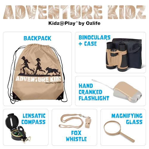 Tan Adventure Kidz Outdoor Exploration Kit, Children’s Binoculars, Flashlight, Compass, Fox Whistle, Magnifying Glass, Backpack. Great Gift Set for STEM, Pretend Play - color: Brown