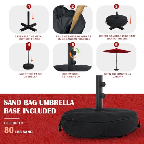 Sundale Outdoor Olefin 5-Year-Non-Fading Solar 88 LED 10FT Solar Patio Umbrella with Sand Bag Base, Outdoor Umbrella with Tilt and Crank, Red - color: Red, size: 10FT
