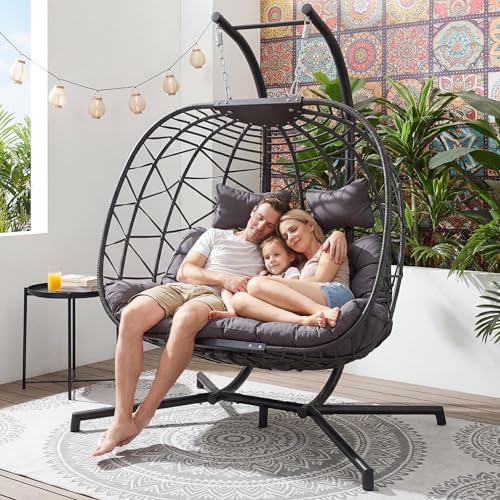 BULEXYARD Extra Large Double Hanging Egg Chair with Stand, 2 Person Outdoor Indoor Swing Chair, Heavy‑Duty Wicker Hammock Loveseat with Cushion for Patio Balcony Backyard, Dark Gray - color: Grey/Grey, size: 2 Seats (No Cover)