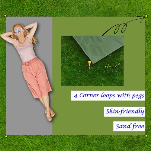 Outdoor Pocket Blanket Extra Large Beach Blanket Sandproof 82″x 78″for 4-6 Adults Compact Foldable Quick Drying Lightweight Picnic Blankets Waterproof with 4 Stakes & Bag (ArmyGreen+Grey) - color: Armygreen+grey