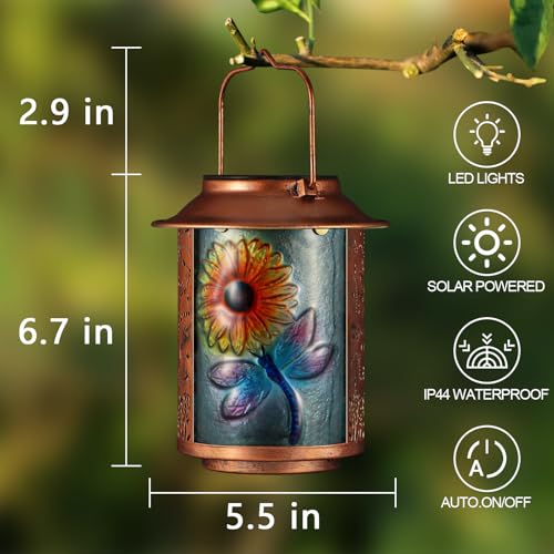 Dragonfly Solar Lanterns Outdoor Waterproof, Birthday Gifts for Women Mom Grandma , Metal Garden Decor Hanging Solar Lights Outside Decorative for Yard Patio Backyard Porch Decorations (Sunflower) - style: Dragonfly+Sunflower