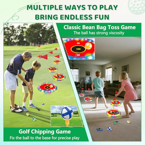 TERRAMUS Glow in the Dark Golf & Toss Game, 2 in 1 LED Target Set with 2 Clubs, 18 Balls, 6 Bean Bags, Outdoor Indoor Backyard Toy for Kids Ages 4 5 6 7 8, Birthday Gifts for Boys Girls - color: Red