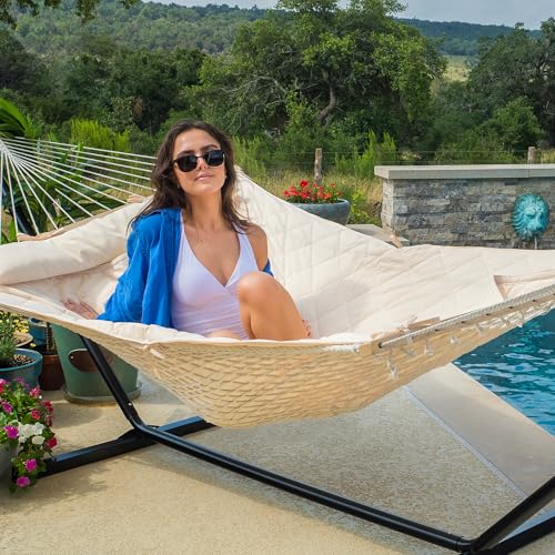 ANOW Heavy Duty Hammock with 12FT Steel Stand Included, Rope Hammock with Detachable Pillow and Pad, 450 LBS Weight Capacity, Cream - color: Cream, size: With Stand