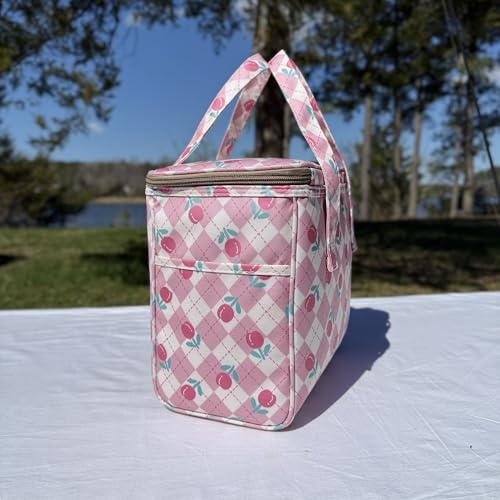 Kwang Min Floral Insulated Lunch Bag for Women,Reusable Lunch Box,Large Cooler for Office,Picnic Outdoors,Premium Quality Waterproof Fabric,Ideal Gift for Outdoors and work (Pink Gingham Check) - color: Pink Gingham Check