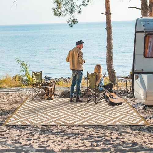 GENIMO Outdoor Rug for Patio Clearance, 6'x9' Waterproof Camping Mat, Reversible Plastic Straw Rugs for RV, Camper, Balcony, Backyard, Picnic, Deck (Brown & White) - color: Brown&white, size: 6' x 9' (Rectangular)