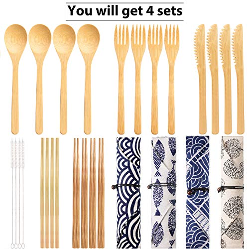 Boao 4 Sets Bamboo Utensils Wooden Utensils Set Japanese Style Reusable Cutlery Travel Chopsticks Fork Spoon Straw Portable Utensil Case for Travel Hiking Picnic Camping Cooking Kitchen(Chic Style)