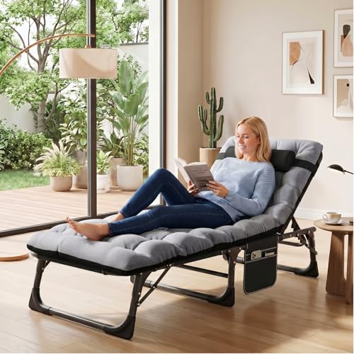 ABORON 3-in-1 Folding Patio Lounge Chair, 440LB Heavy-Duty Tri-Fold Guest Bed with Plush Cotton Cushion, No Assembly Adjustable Recliner for Office Nap, Patio Sunbathing, Poolside & Camping - color: Jet Obsidian
