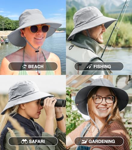 GearTOP Safari Hat for Men Sun Hats for Women UV Protection UPF 50+ Fishing, Gardening, Hiking Hat (22-23 1/2") - color: Light Grey Standard