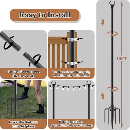 NUERPO 2 Pack String Light Poles,Metal Poles for Hanging Outdoor Light Strings,2 Pack 10 FT Light Poles Stand for Outside Garden,Patio,Wedding,Backyard,Deck,Party - size: 2 Pack 10 FT Light Poles