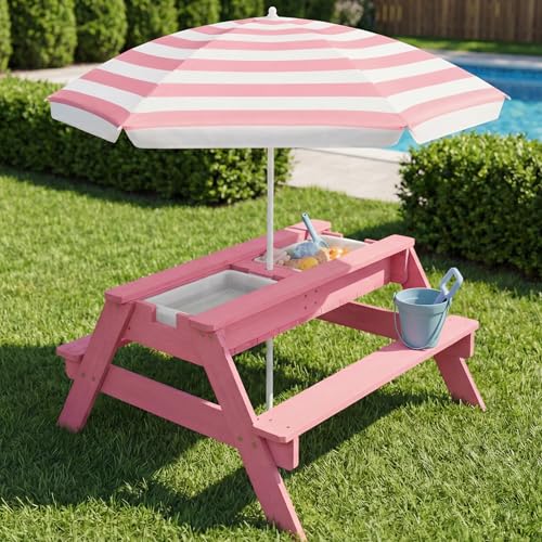 Best Choice Products Kids Picnic Table with Umbrella, 3-in-1 Sand & Water Table, Outdoor Convertible Picnic Table for Toddlers, Seats 4, Removable Top, 2 Buckets - Pink - color: Pink