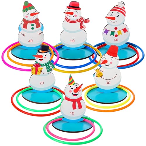 Jenaai 32 Pcs Christmas Wooden Nutcrackers Ring Toss Game, Christmas Ring Toss Game Set for Family Indoor Outdoor Play Xmas Party Supplies Decoration - style: Snowman