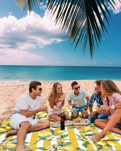 Lemon Beach Blanket Waterproof Sandproof 108"x84", Summer Yellow Stripes Oversized Beach Mat with 4 Corner Sand Pocket & 4 Stakes, Compact Outdoor Picnic Mat for Camping Travel Festivals - color: Yellow, size: 108"x84"