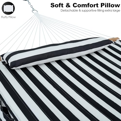 GAFETE Hammock 2 Person Quilted Fabric Hammocks for Outside, Double 12ft Hammocks with Spreader Bar, Large Removable Pillow, Storage Bag, Carabiners, Max 475 lbs Capacity (Black White) - color: Black White