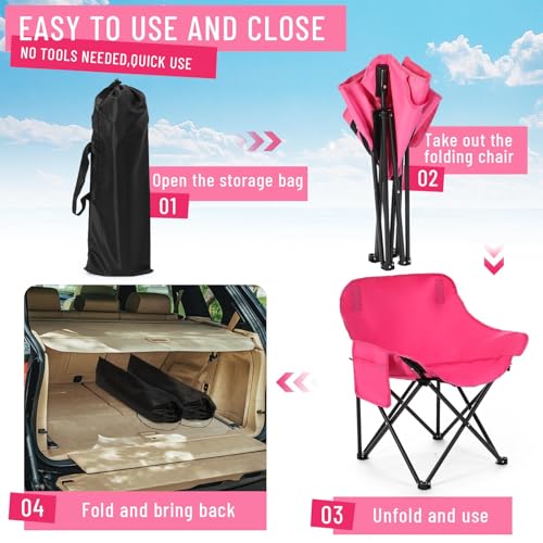 2 Pack Compact Camping Chairs Portable Folding for Outside with Carry Bag Lightweight Moon Chairs for Travel Picnic Hiking Beach Fishing, 600D Oxford, Supports 330lbs(Pink) - color: Pink
