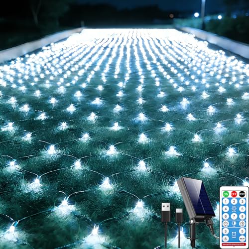21ft x 5ft Solar Net Lights, 360LED Christmas Net Lights Solar & USB Powered, Waterproof Mesh String Lights 8 Modes Green Wire for Bushes Patio Garden Xmas Holiday Party Outdoor Decor (Cool White) - color: Cool White, size: 21ftx5ft (Green Wire)