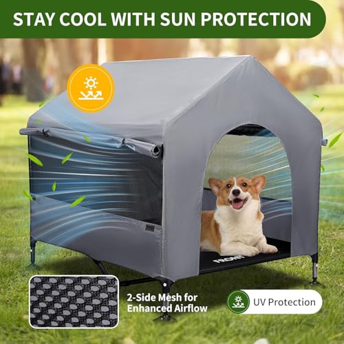 Summertrail 42" Large Dog House Outdoor Indoor with Breathable Mesh Windows-Elevated Dog Bed Cot Dog Tent Shade Shelter for Large Breeds with Canopy, Weatherproof Dog Kennel for Outside, Easy Clean - style: 42" Grey