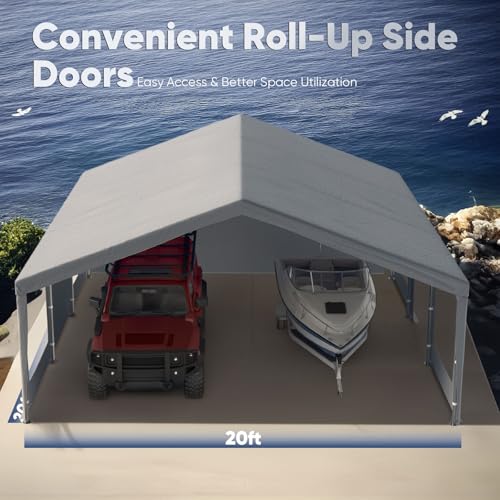 Quictent 20x20 ft Heavy Duty 2 Car Carport, Waterproof Storage Shelter with Zipper Side Doors, Snowproof Steel Cables & Ventilated Windows, Outdoor Garage for Car, Gray - color: Gray, size: 20'x20'