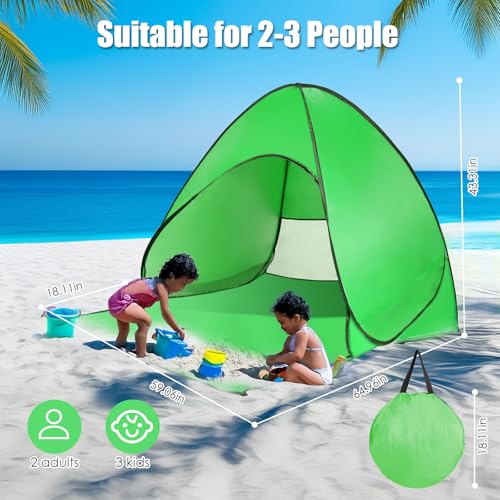 Pop Up Beach Tent, Sun Shelter for 2-3 Person, Sun Shelter with UPF 50+ & Lightweight, Portable Beach Tent Easy Pop Up for Outdoor Camping Fishing - style: Green