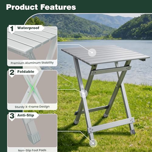 SUNNYFEEL Folding Camping Table - Lightweight Aluminum Portable Picnic Table, 18.5x18.5x24.5 Inch for Cooking, Beach, Hiking, Travel, Fishing, BBQ, Indoor Outdoor Small Foldable Camp Tables - color: Silver-1set