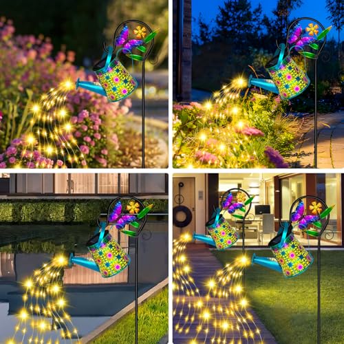Solar Watering Can with Lights, Waterproof Solar Lantern with Butterfly Shepherd Hook, Hanging Garden Lights for Patio Yard Lawn Porch Outdoor Decoration 2 Pack - color: Blue Butterfly, size: 2 Pack