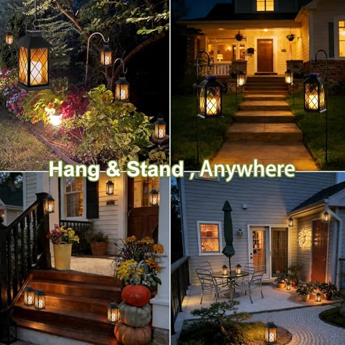 Solar Lanterns Outdoor Waterproof, Flickering Candles Hanging Solar Lights for Outside Garden Patio Wall Porch Decorative, Lamp with Upgraded Solar Panel, Tempered Glass & Clip, Black 2 Pack - style: Black*2, 4.2*4.2*8.7in