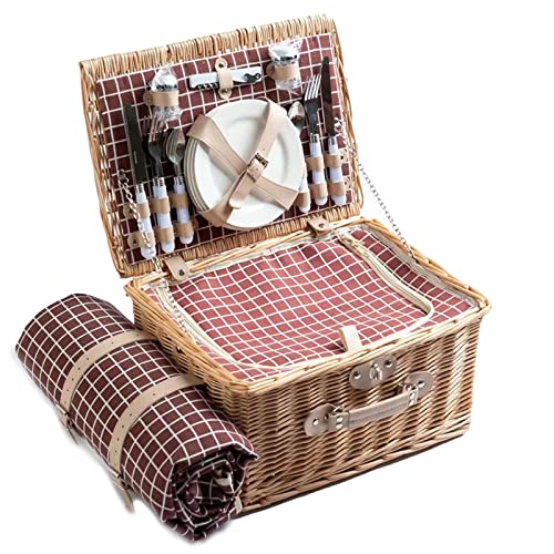 Willow Picnic Basket Set for 4 Persons with Large Insulated Cooler Bag and Waterproof Picnic Blanket, Wicker Picnic Hamper for Camping,Outdoor,Gift,Wedding,Valentine Day,Red - color: Red
